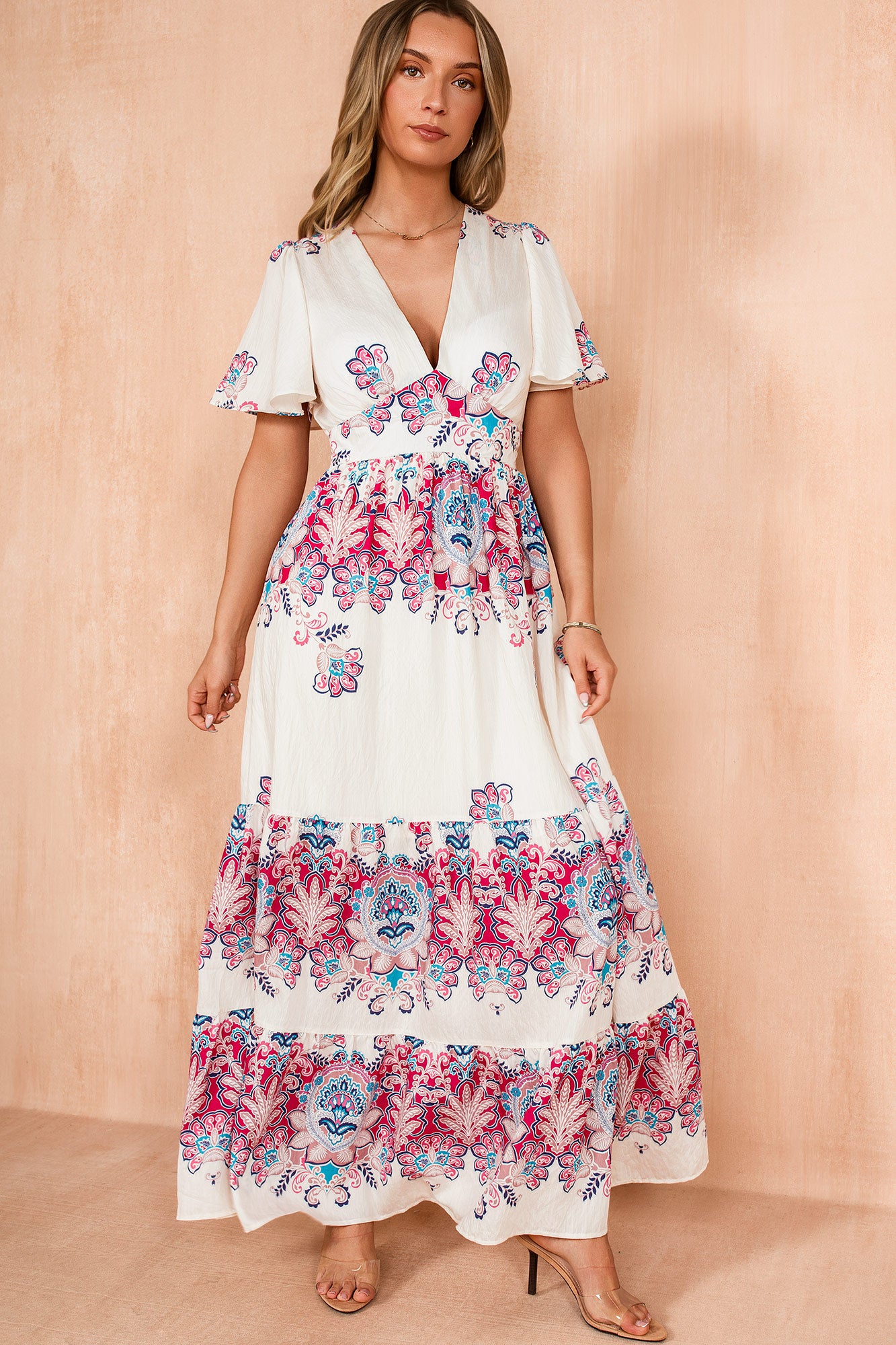 Scarlett Cream and Pink Border Print Dress