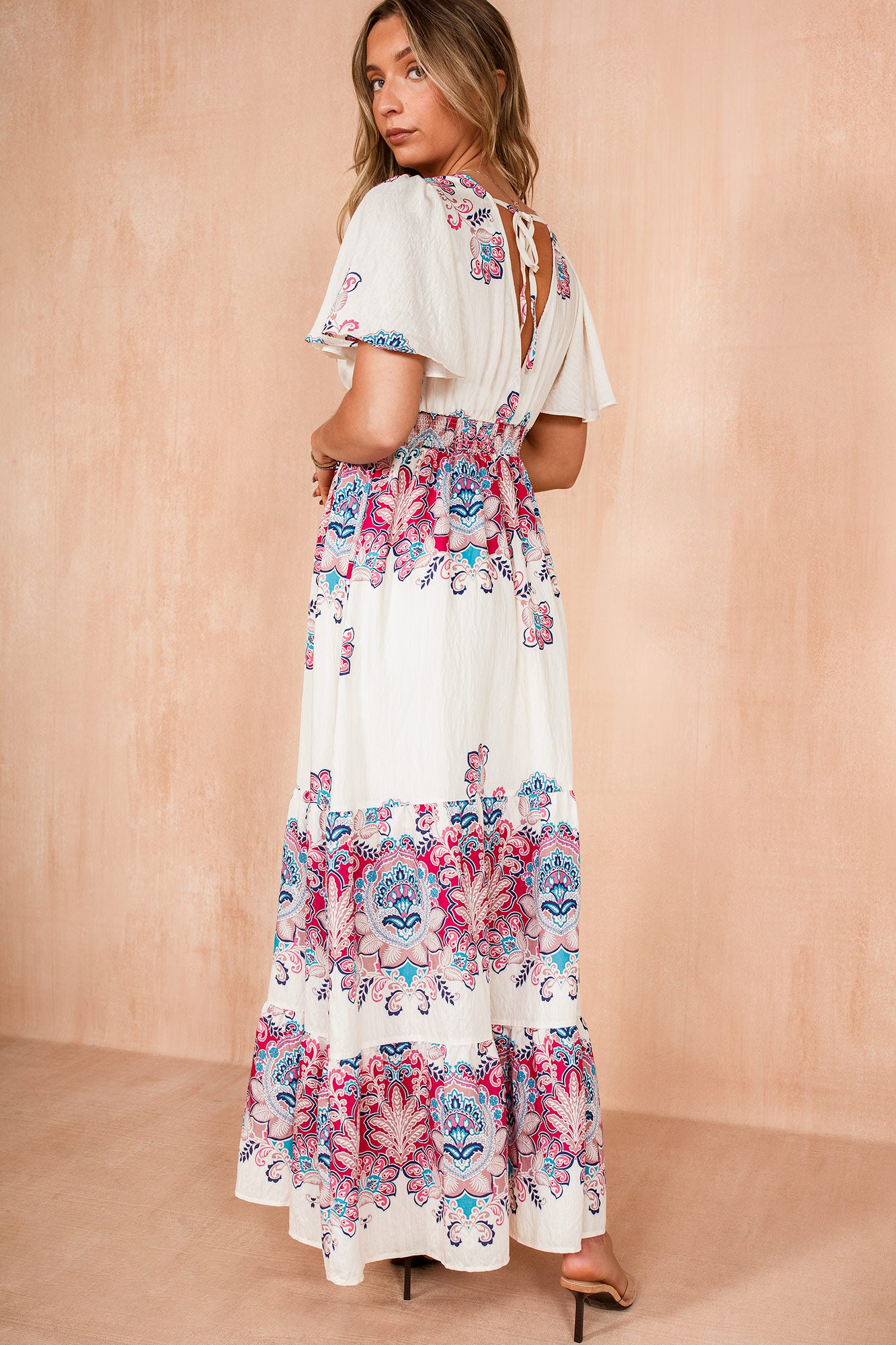 Scarlett Cream and Pink Border Print Dress