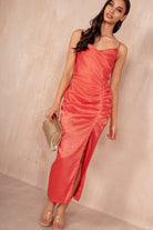 Selena Orange Satin Leopard Midi Dress