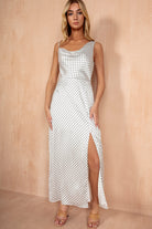 Senna White Spot Satin Maxi Dress - Vavavoom.ie