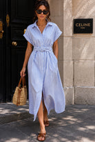 Sevora Blue Striped Belted Shirt Dress