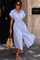 Sevora Blue Striped Belted Shirt Dress
