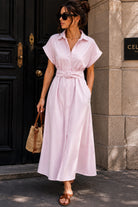 Sevora Pink Striped Belted Shirt Dress