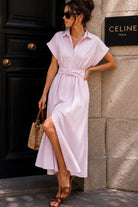 Sevora Pink Striped Belted Shirt Dress
