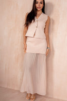 Shannon Nude Chiffon Pleated Maxi Skirt

