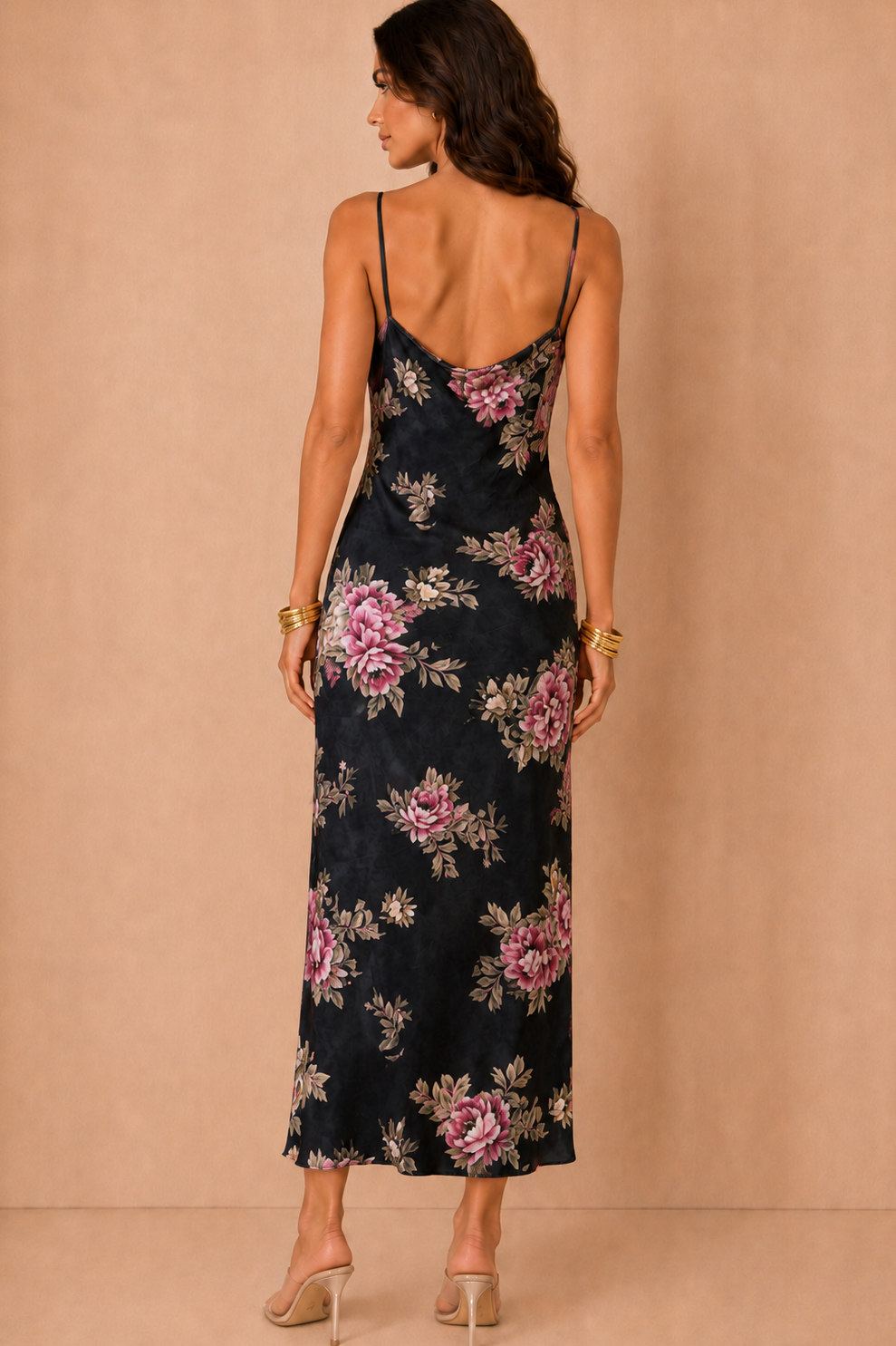 Sharon Navy Satin Floral Maxi Dress
