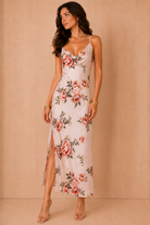 Sharon Peach Satin Floral Maxi Dress