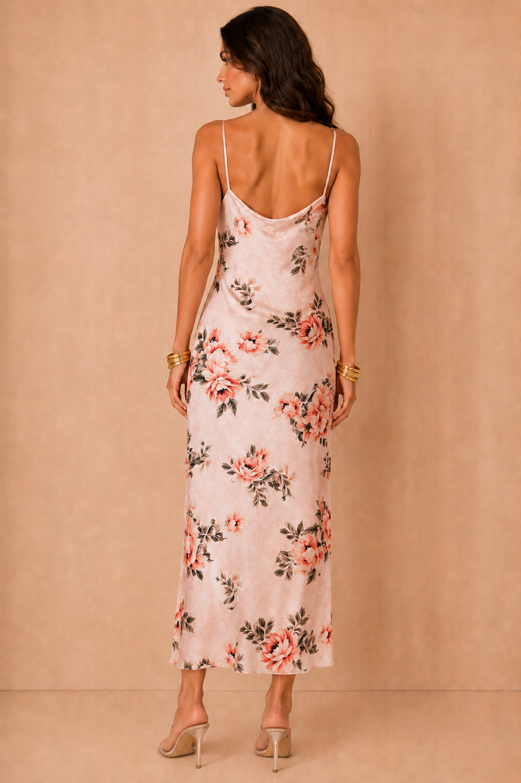 Sharon Peach Satin Floral Maxi Dress