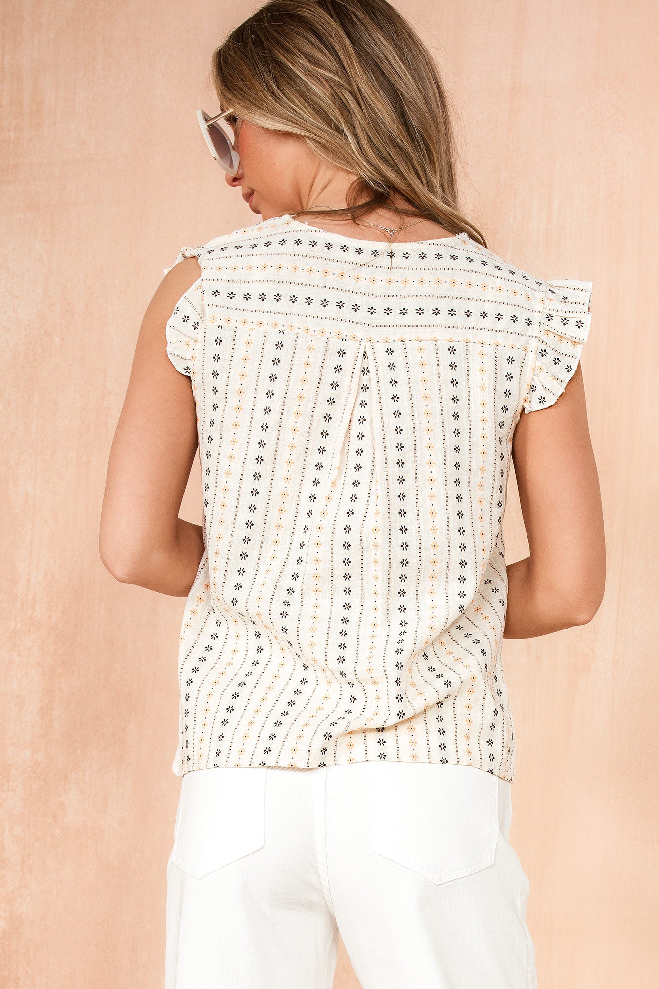 Sheila Stone Linen Printed Frill Sleeve Top