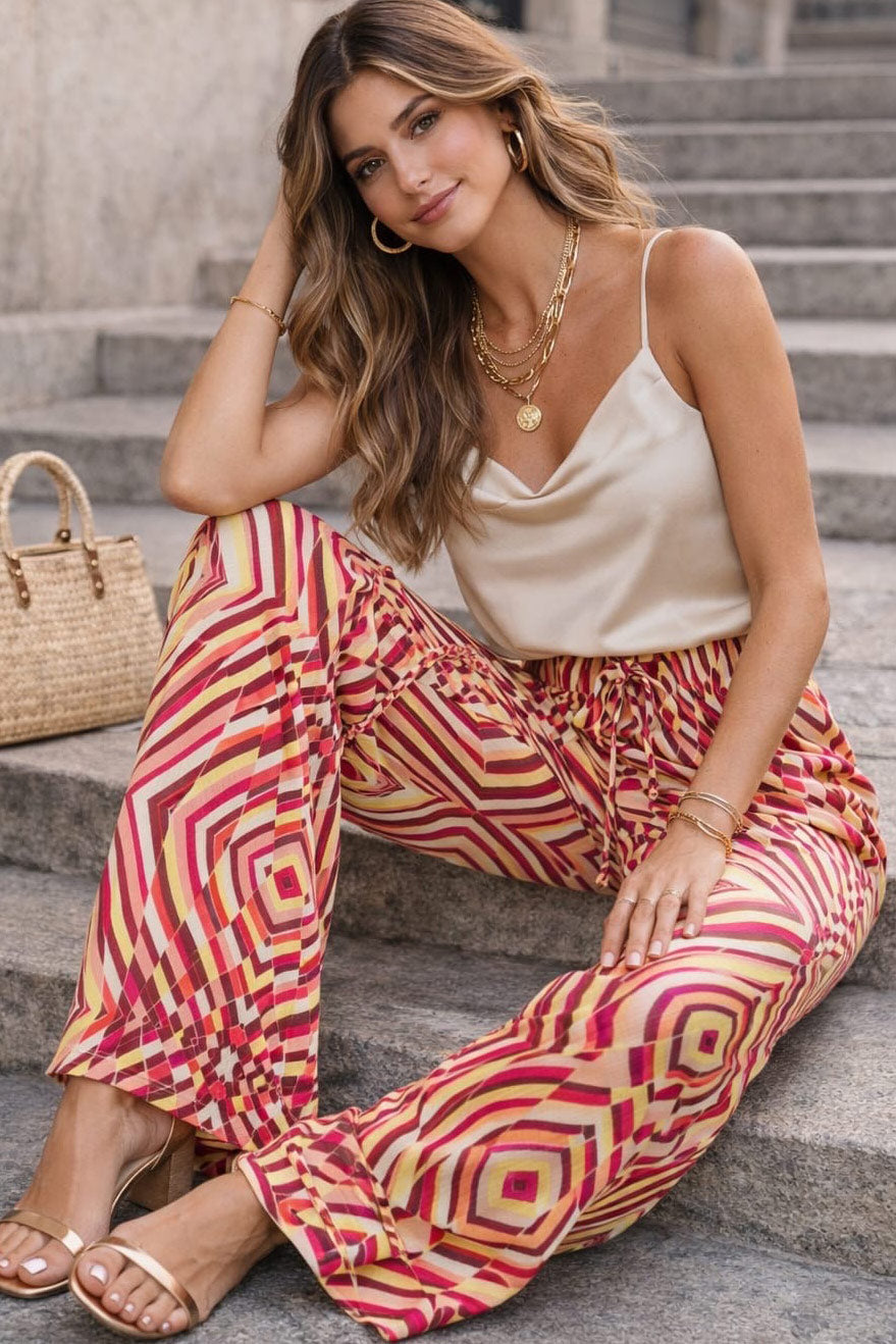 Shirley Pink Satin Printed Wide Leg Trousers