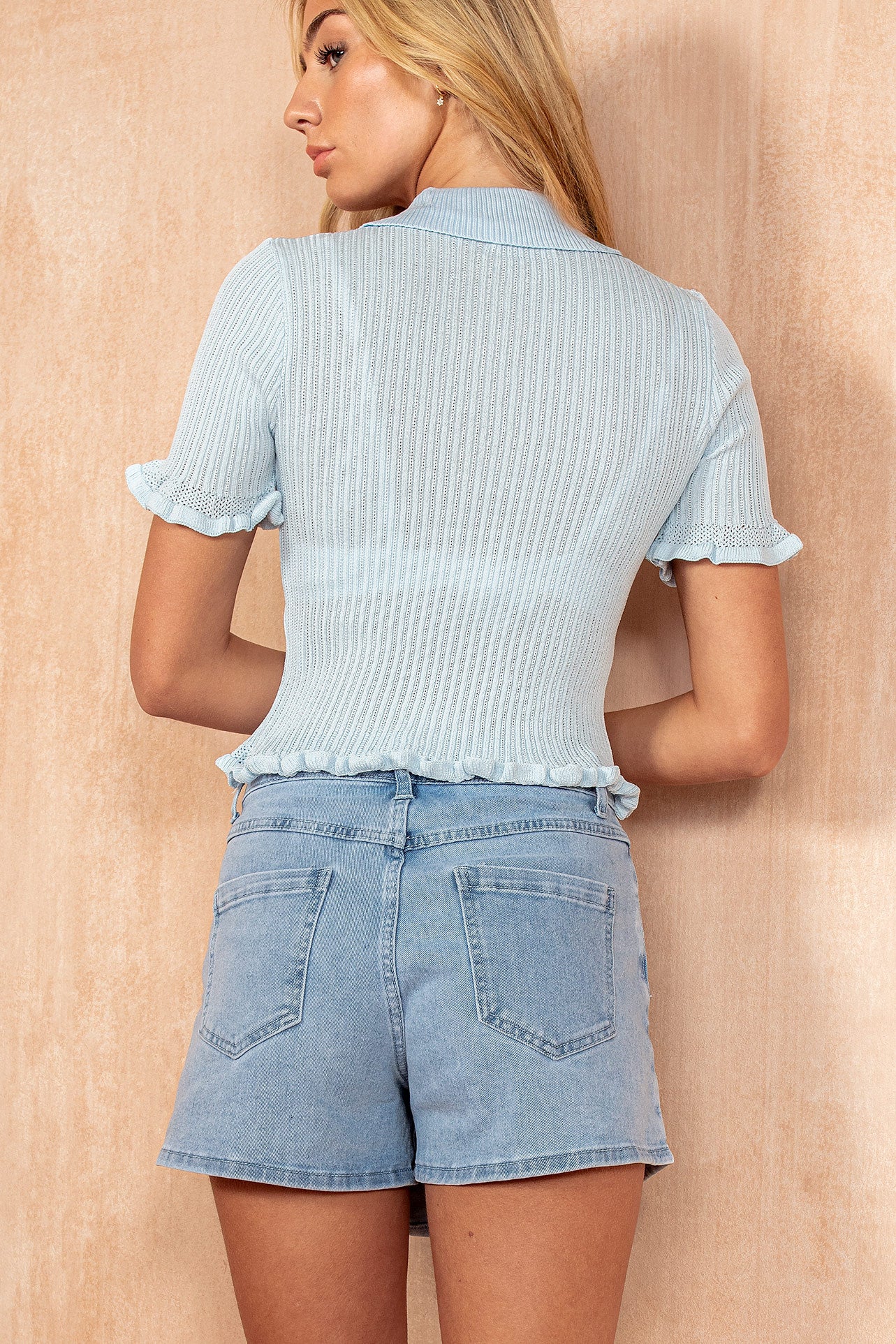 Shonda Blue Ribbed Knit Collared Top