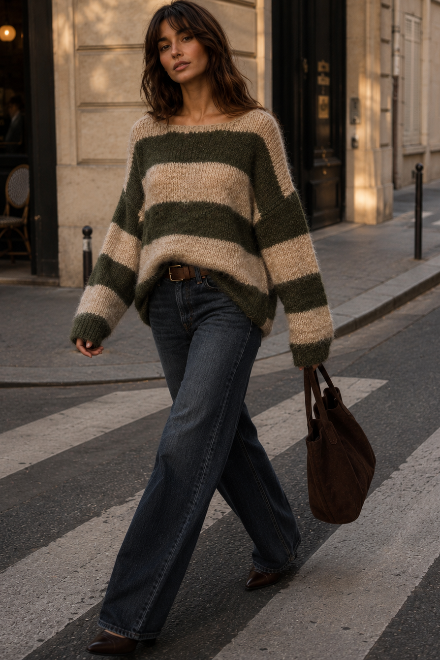 Siobhan Khaki Knit Striped Jumper