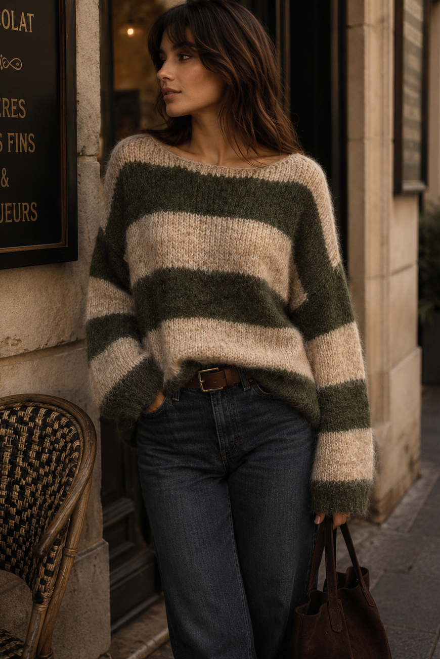 Siobhan Khaki Knit Striped Jumper