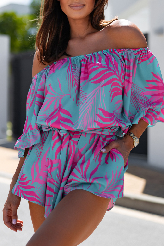 Solana Turquoise and Pink Leaf Print Playsuit