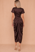Sorcha Chocolate Satin Flutter Sleeve Dress