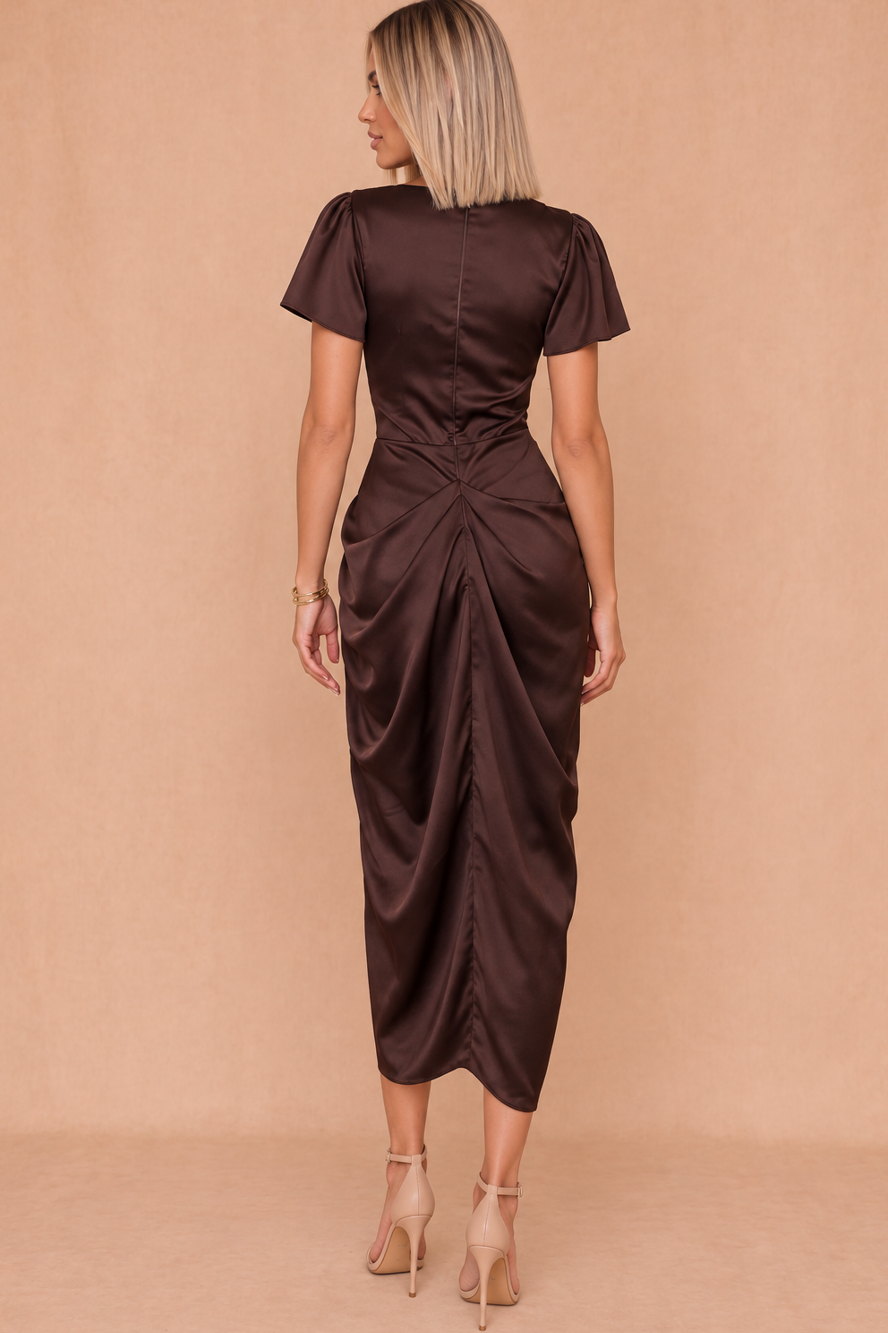 Sorcha Chocolate Satin Flutter Sleeve Dress