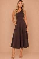 Suki Chocolate One Shoulder A-Line Midi Dress