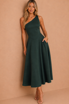 Suki Forest Green One Shoulder A-Line Midi Dress