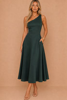 Suki Forest Green One Shoulder A-Line Midi Dress