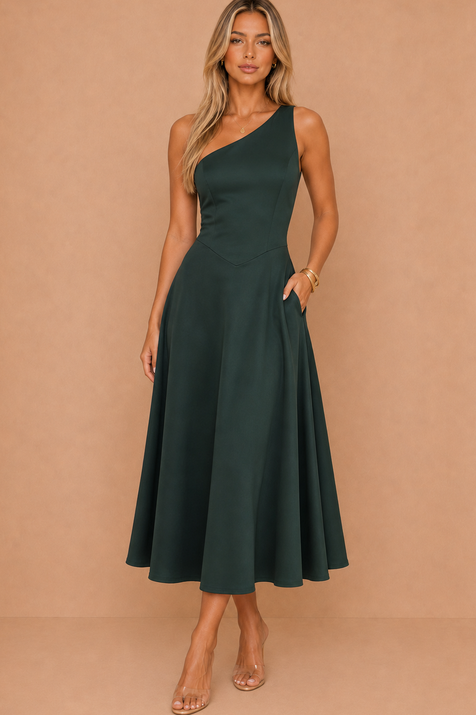 Suki Forest Green One Shoulder A-Line Midi Dress