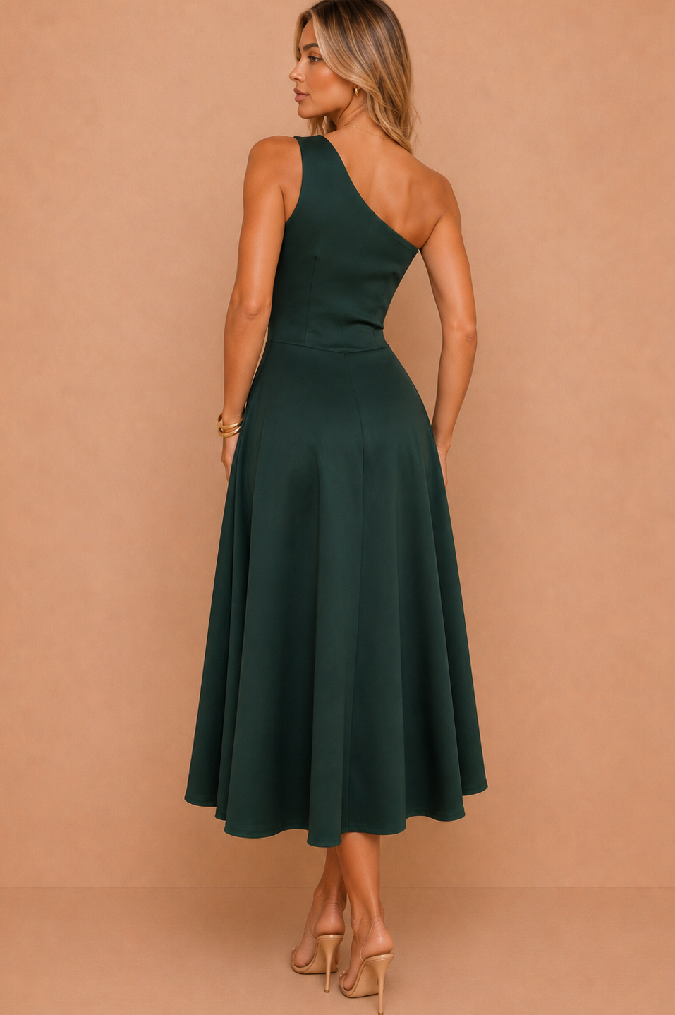 Suki Forest Green One Shoulder A-Line Midi Dress