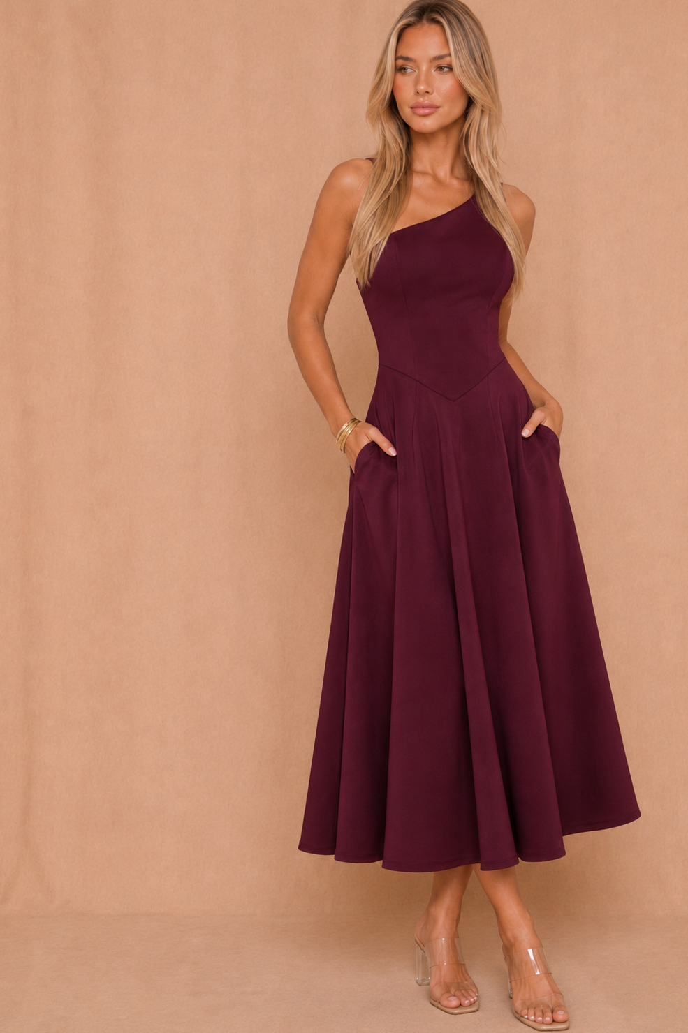 Suki Plum One Shoulder A-Line Midi Dress