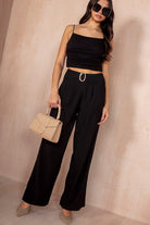 Tara Black Buckle Wide Leg Trousers