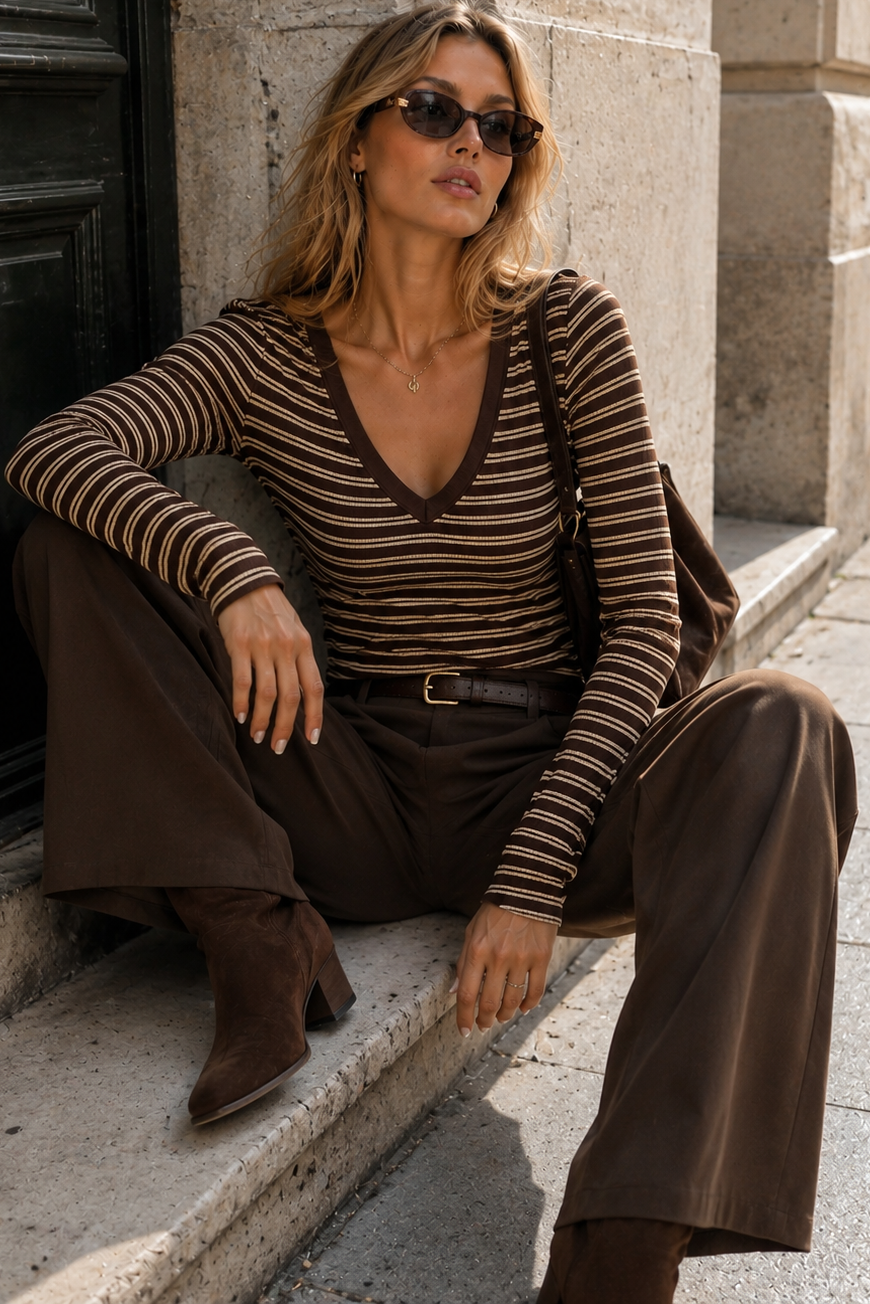 Tara Chocolate Ribbed Striped Top