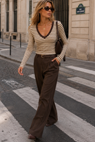 Tara Cream & Chocolate Ribbed Striped Top