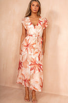 Tate Peach Linen Leaf Print Belted Wrap Dress
