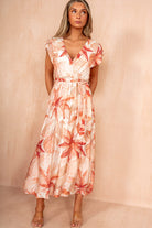 Tate Peach Linen Leaf Print Belted Wrap Dress