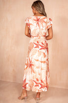 Tate Peach Linen Leaf Print Belted Wrap Dress
