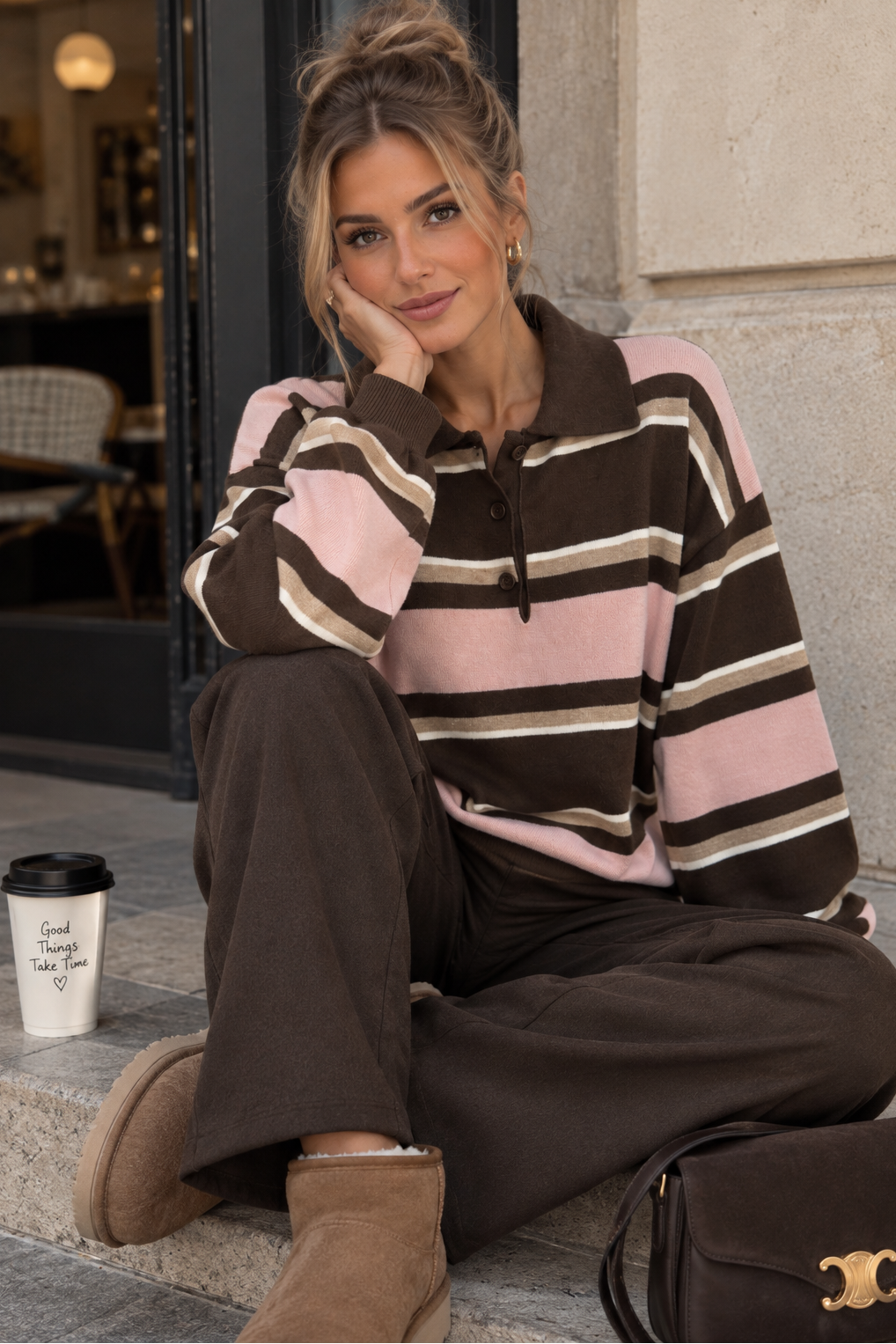 Tatiana Pink & Chocolate Fine Knit Striped Top