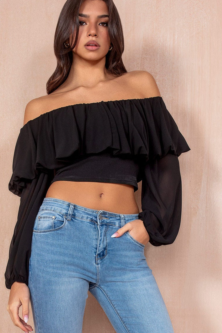 Taya Black Chiffon Bardot Top