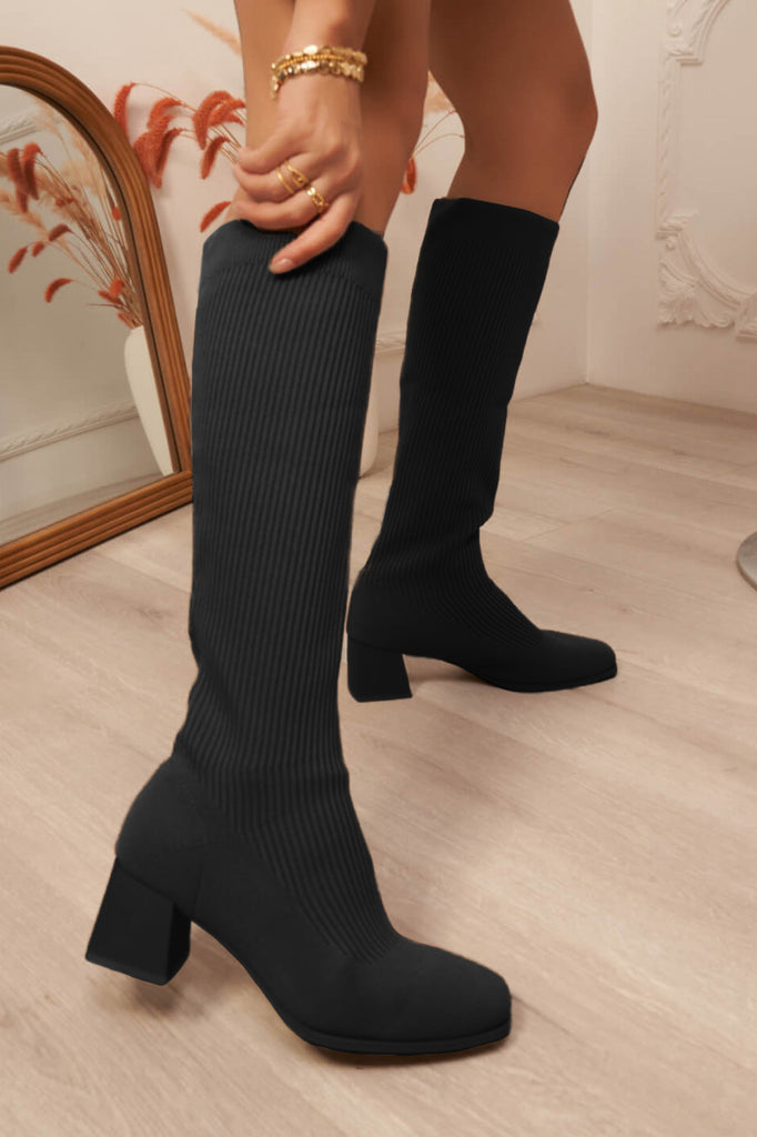 Tessa Black Knit Knee High Boots