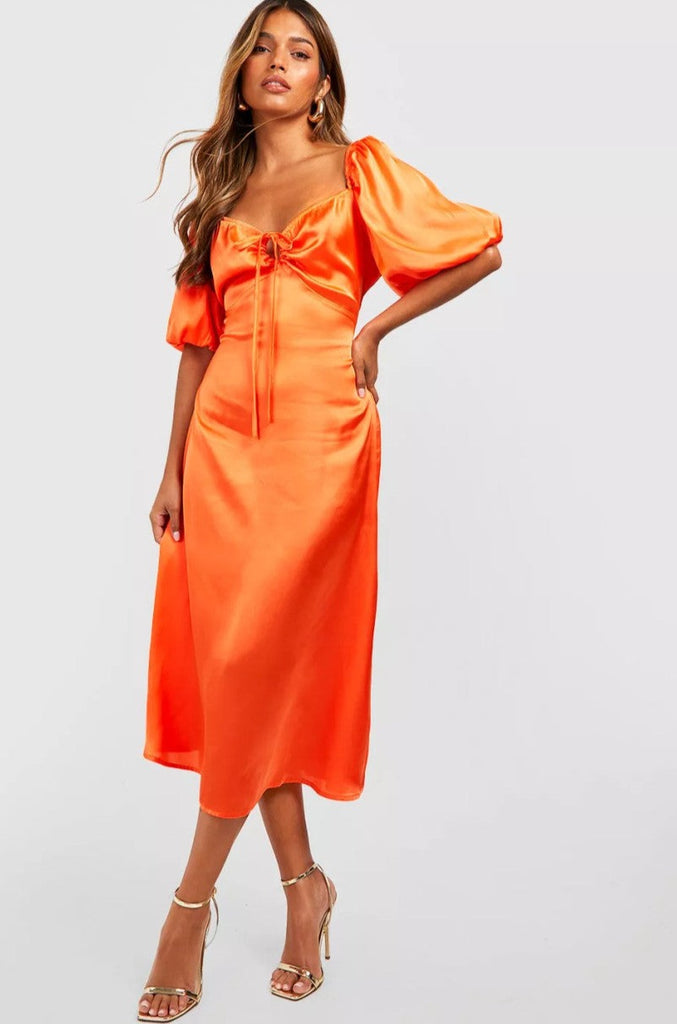 Tiffany Orange Satin Midi Dress