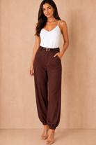 Tori Chocolate Linen Belted Balloon Leg Trousers