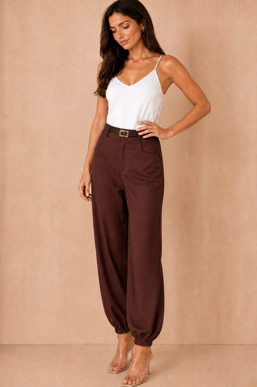 Tori Chocolate Linen Belted Balloon Leg Trousers