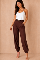 Tori Chocolate Linen Belted Balloon Leg Trousers