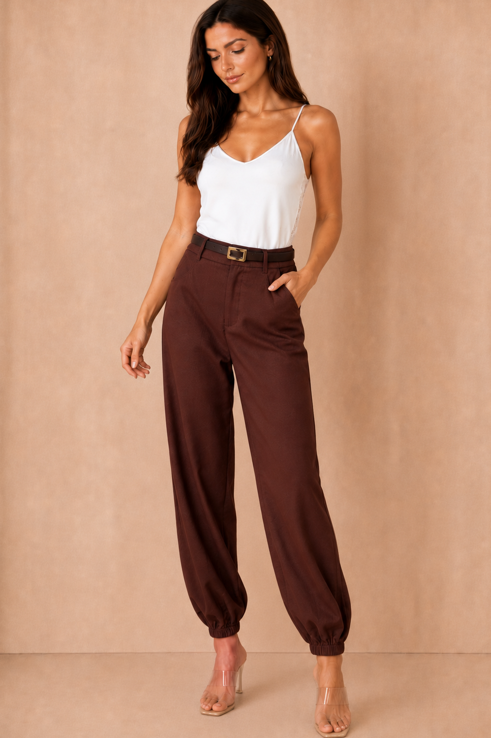 Tori Chocolate Linen Belted Balloon Leg Trousers