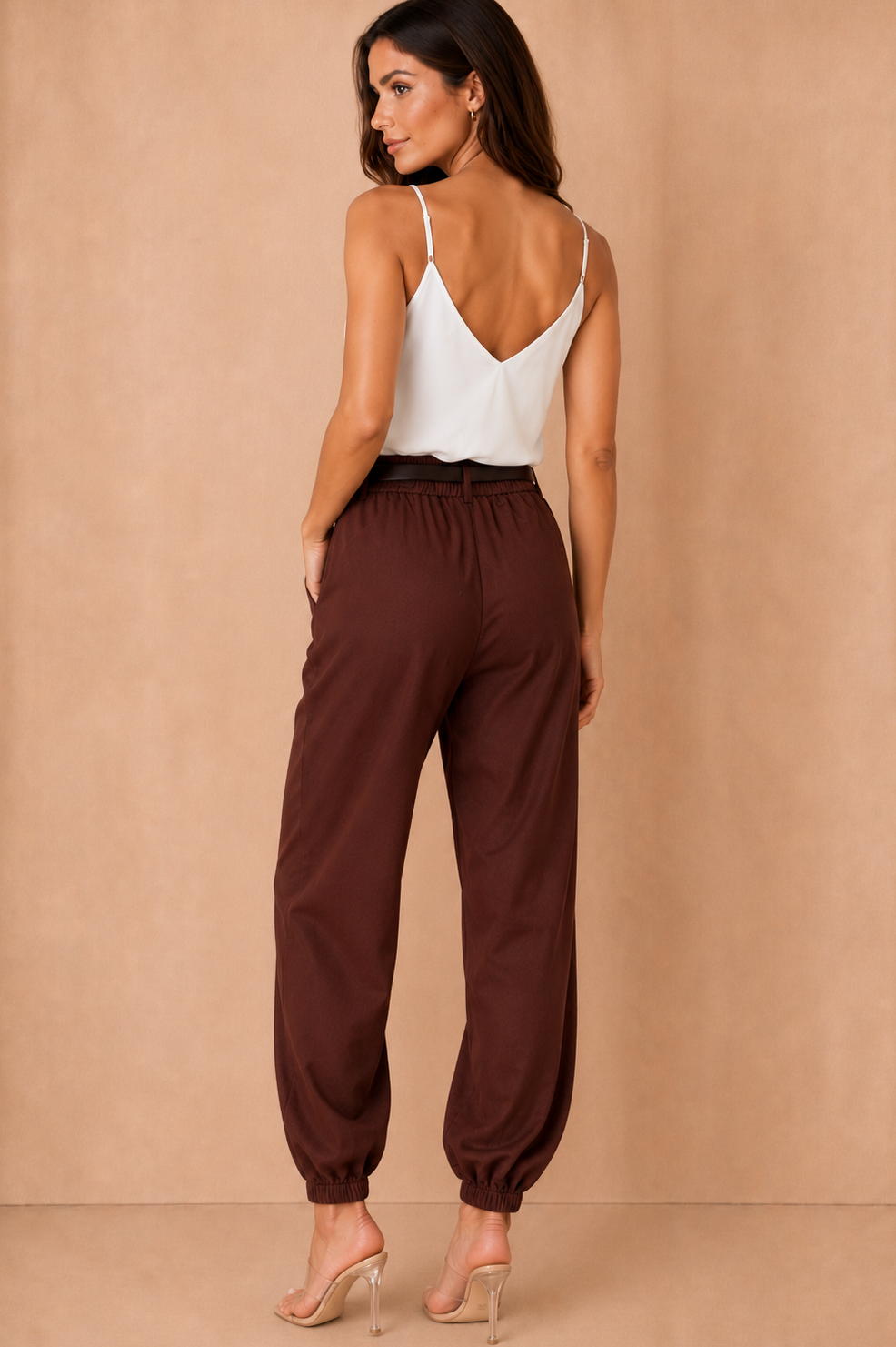 Tori Chocolate Linen Belted Balloon Leg Trousers
