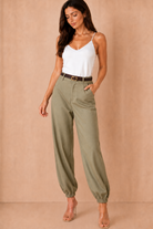 Tori Khaki Linen Belted Balloon Leg Trousers