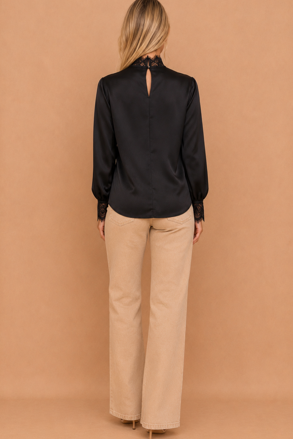 Trina Black High Neck Lace Trim Blouse