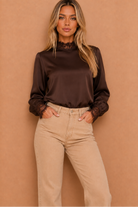 Trina Chocolate High Neck Lace Trim Blouse