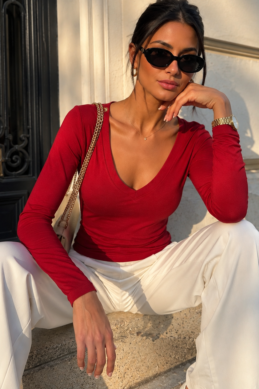 Trish Cherry Red Cotton Long Sleeve Top