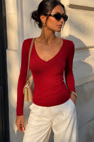 Trish Cherry Red Cotton Long Sleeve Top