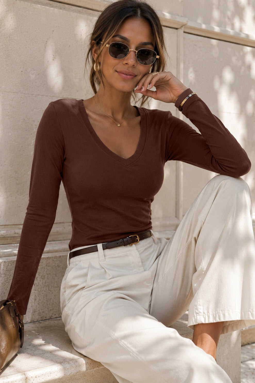 Trish Chocolate Cotton Long Sleeve Top