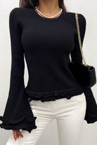 Vaeda Black Ribbed Knit Frill Top