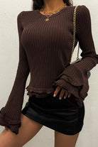 Vaeda Chocolate Ribbed Knit Frill Top