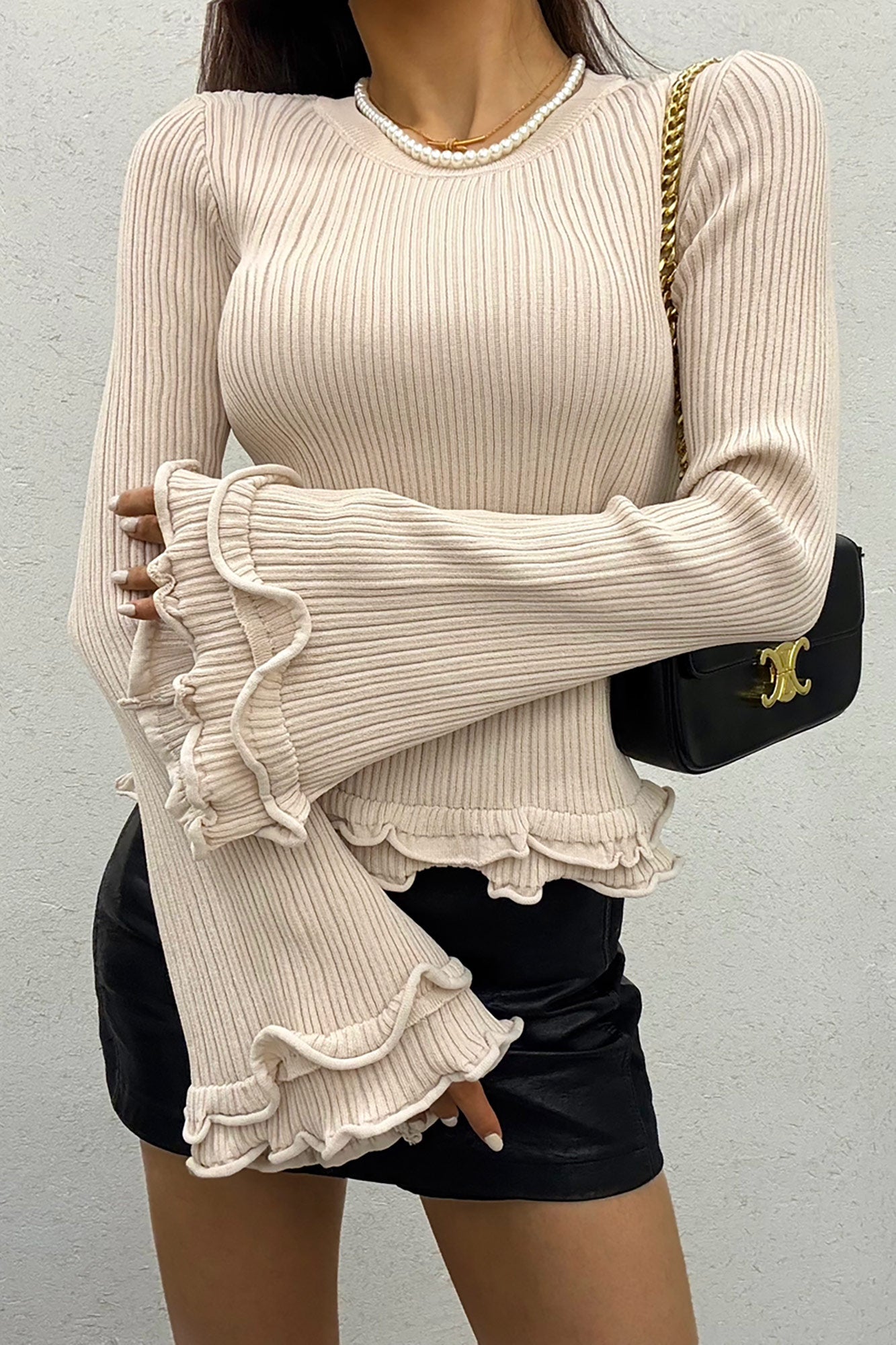 Vaeda Stone Ribbed Knit Frill Top